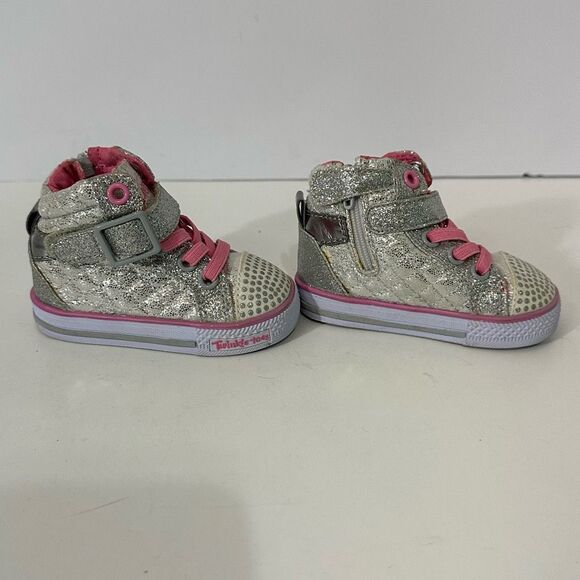 Skechers Twinkle Toes Silver and Pink Toddler High Top Shoes | Toddler Size 2 - Picture 3 of 12